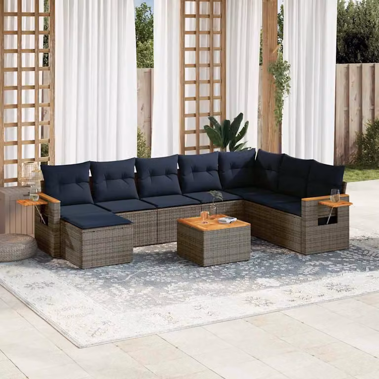 vidaXL Set Divani da Giardino 9 pz in Polyrattan con Cuscini Blu e Grigio con Tavolino e Ottoman per Terrazza o Giardino