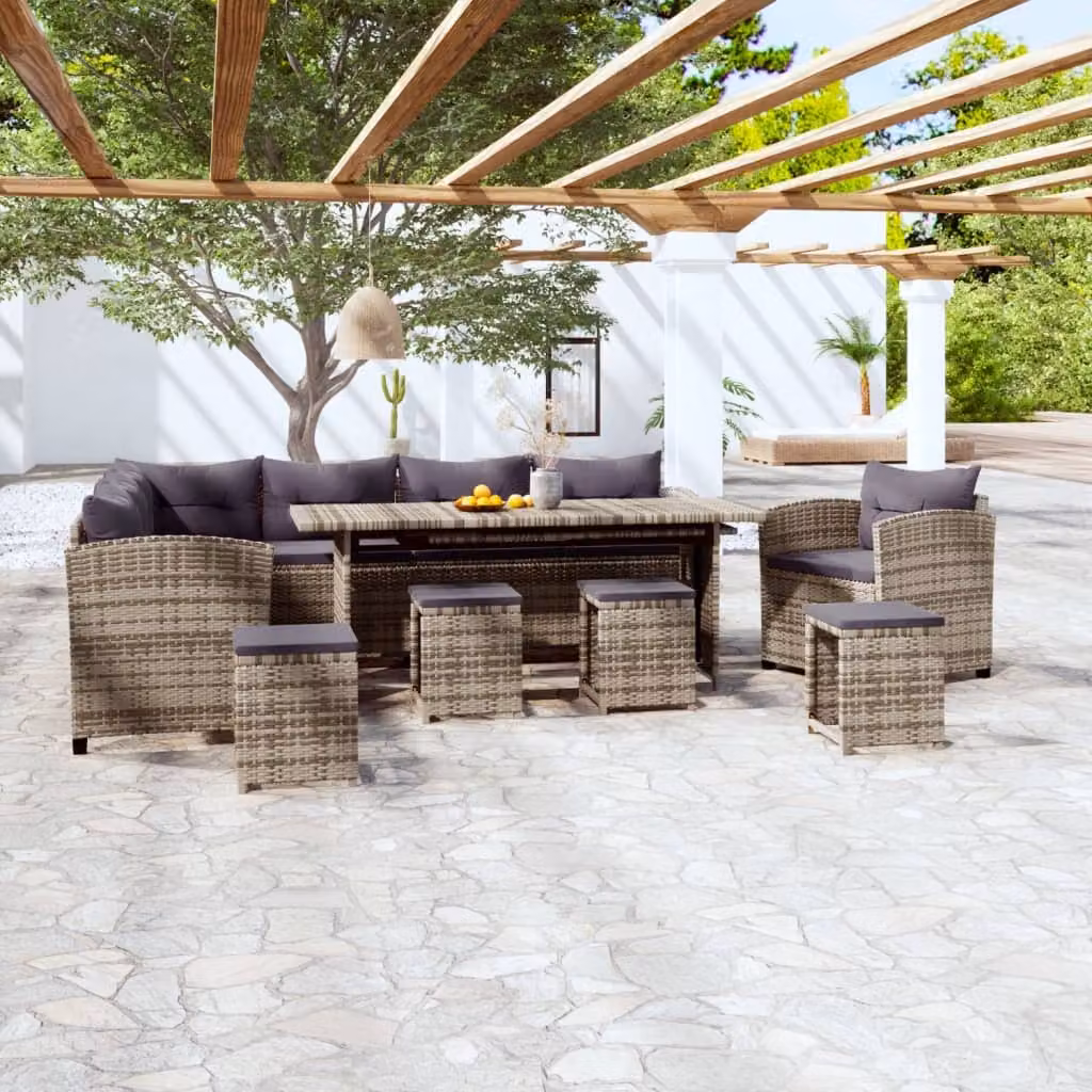 The Living Store Set da salotto da giardino 7 pezzi con cuscini in poly rattan grigio