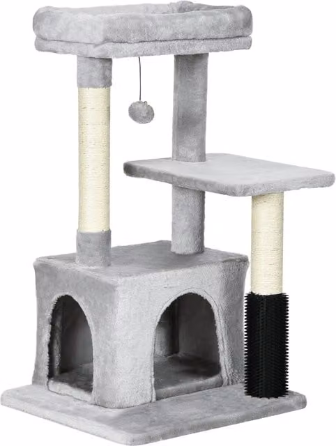 Albero Tiragraffi per Gatti PawHut Multilivello con Casetta, Amaca e Giocattoli Integrati, Rivestimento in Peluche, Grigio