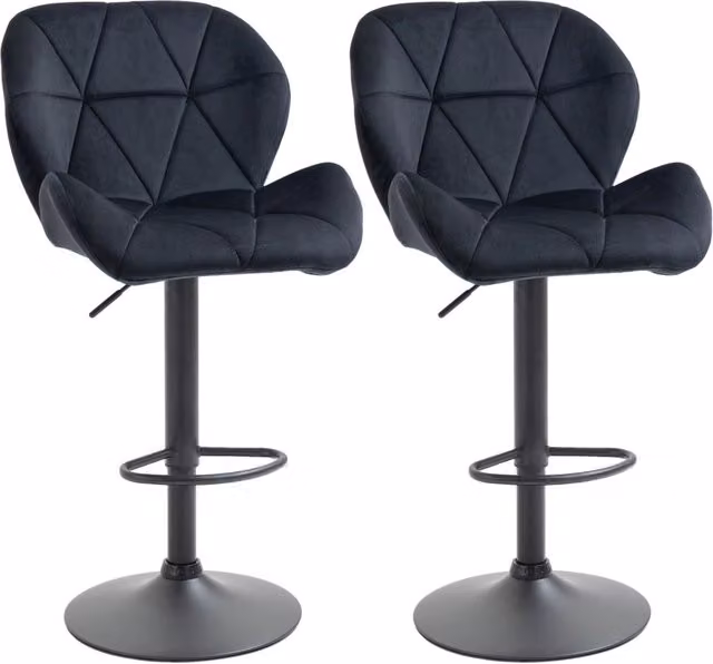 Set di 2 sgabelli da bar girevoli con schienale, altezza regolabile, velluto nero, senza braccioli, 51,5x57,5x93-114,5 cm