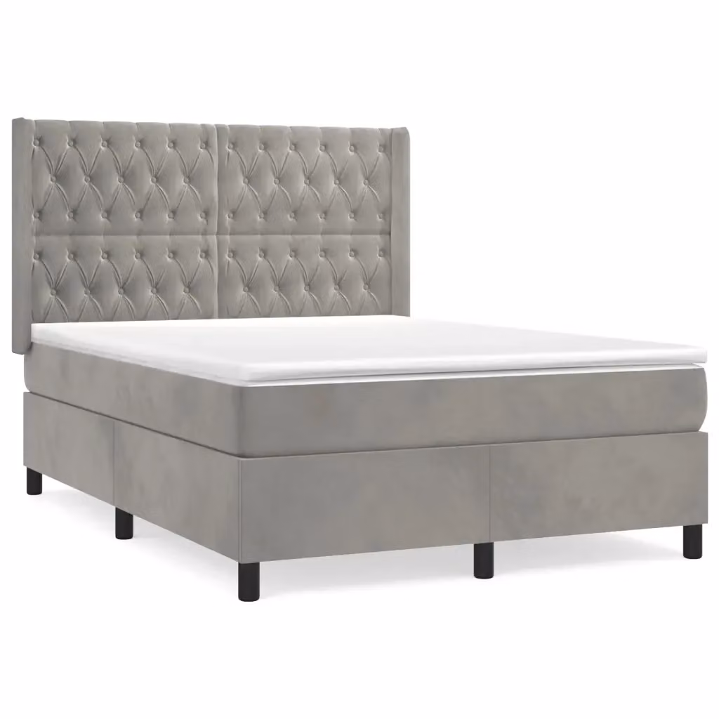 vidaXL Giroletto a Molle con Materasso Ibrido in Velluto Grigio Chiaro L/P/H: 140 x 190 cm – 2