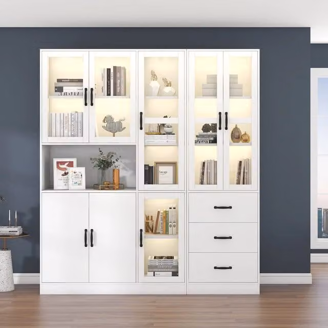 Libreria Vetrina con LED ¨C MINIMAL ¨C Bianca, 8 Ante, 3 Cassetti, 200x180 cm