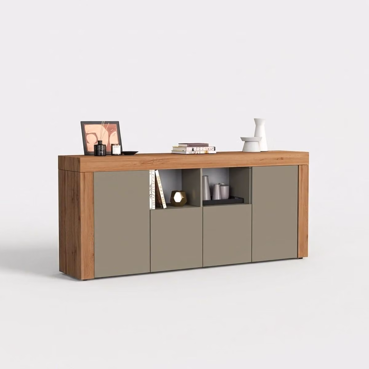 Mobile bar moderno con 4 ante e ripiani aperti, colore grigio colomba (Syvara)