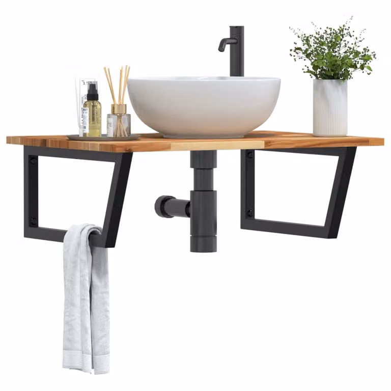 vidaXL Ripiano da Parete per Lavabo in Acciaio e Legno di Acacia Oliato, Nero e Marrone
