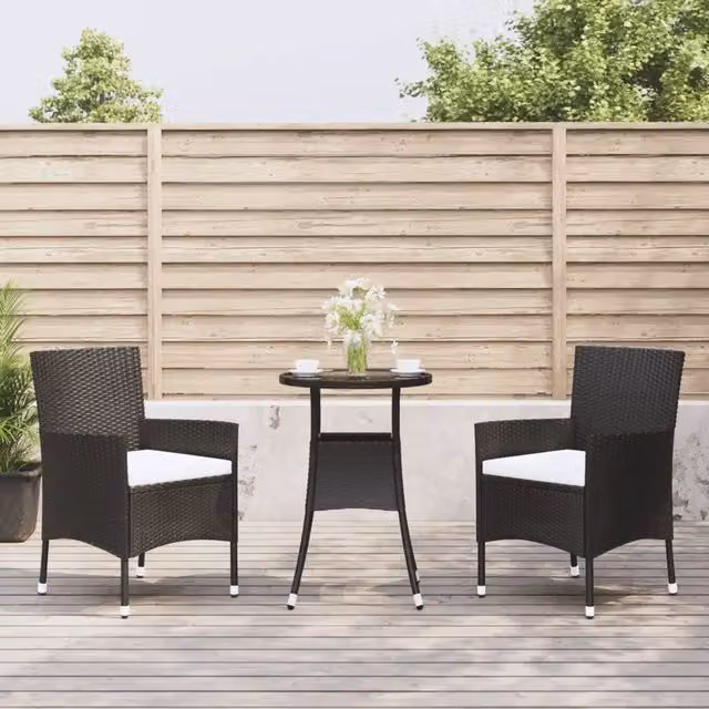 Set Bistrò da Giardino 3 pz vidaXL in Polyrattan Nero con Piano in Vetro e Cuscini