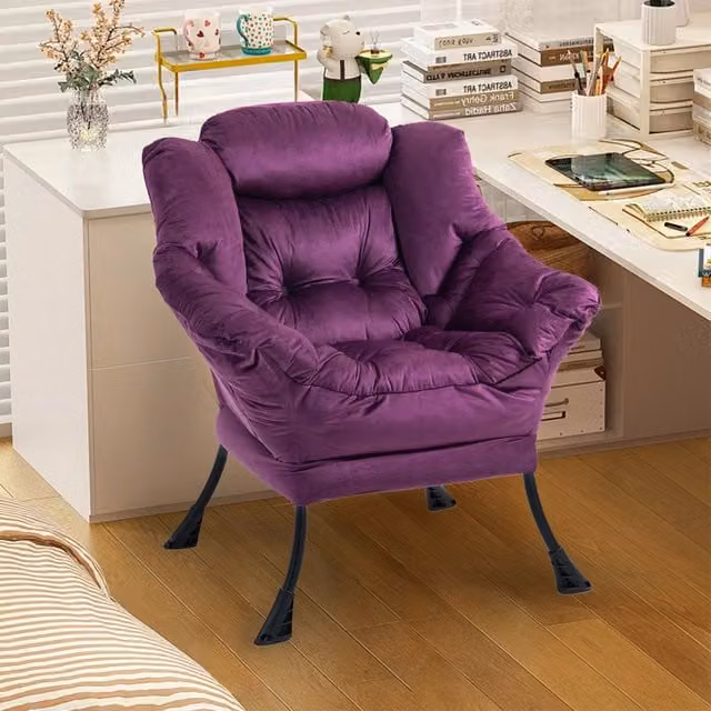 Poltrona relax OKWISH in velluto viola con struttura in metallo e poggiatesta imbottito