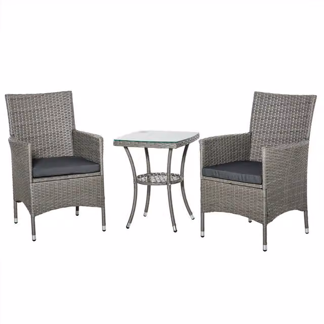 Set da giardino Outsunny composto da 3 pezzi con tavolino e poltrone in rattan grigio e dettagli in vetro e metallo