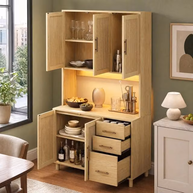 Credenza MODFU in stile Mid-Century con dettagli in rattan e metallo oro, illuminazione integrata multicolore, L: 100 cm, P: 40 cm, H: 183 cm
