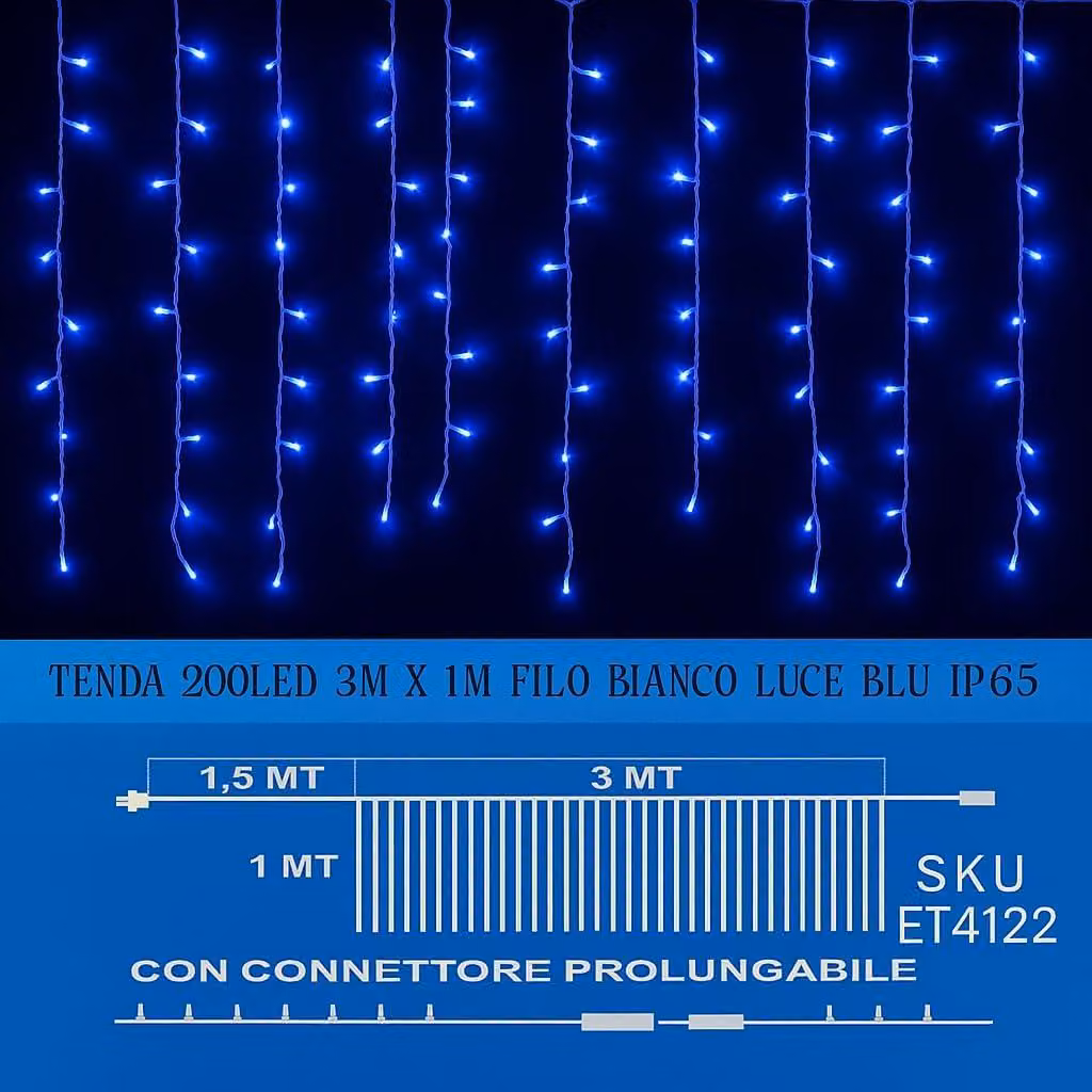 ETTROIT Tenda Luminosa 200 LED, 3Mt, Luce Blu, Cavo Bianco, IP65, Prolungabile, Effetto Flash , Con fili uniformi da 1 metro , ghirlanda nataliza, negozi, balcone natale