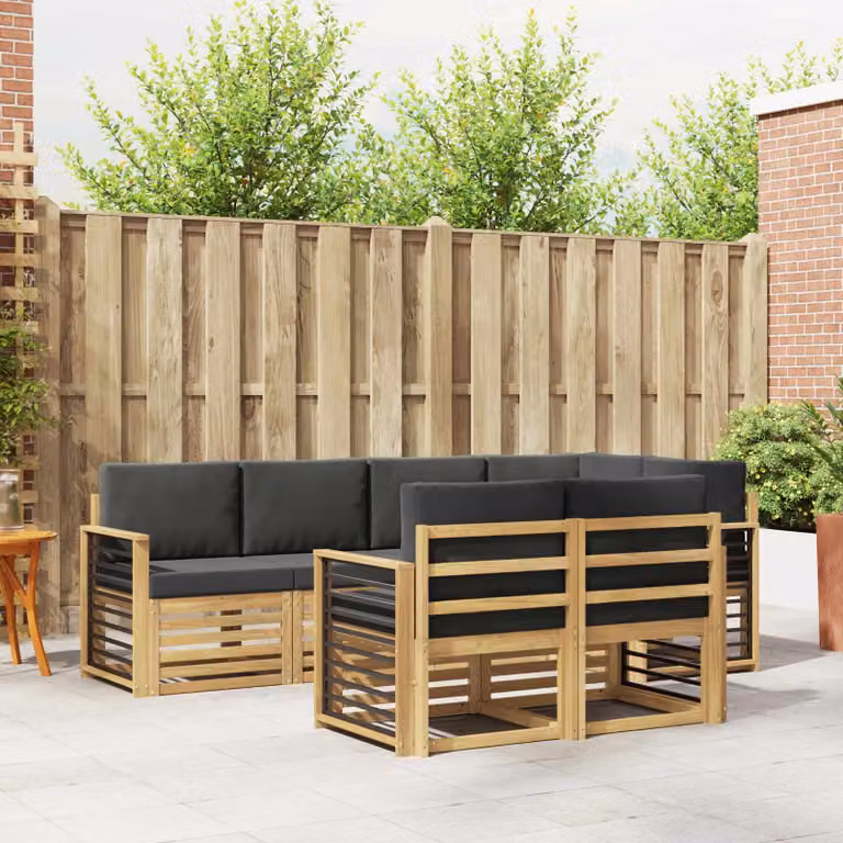 Set di divani da esterno vidaXL 7 pz a forma di L in legno di acacia con cuscini bianchi e antracite