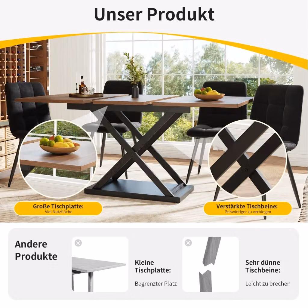 Tavolo allungabile REDOM moderno in MDF e metallo, colore noce e nero, L/P/H: 120-160 x 80 x 75 cm – 2