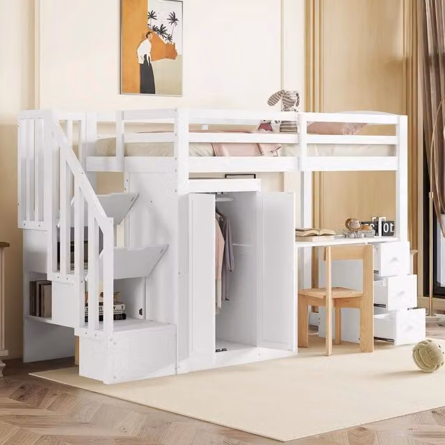Letto a soppalco con rete a doghe ¨C Minimal ¨C Bianco 90x200cm con cassetti, armadio, scrivania e scala