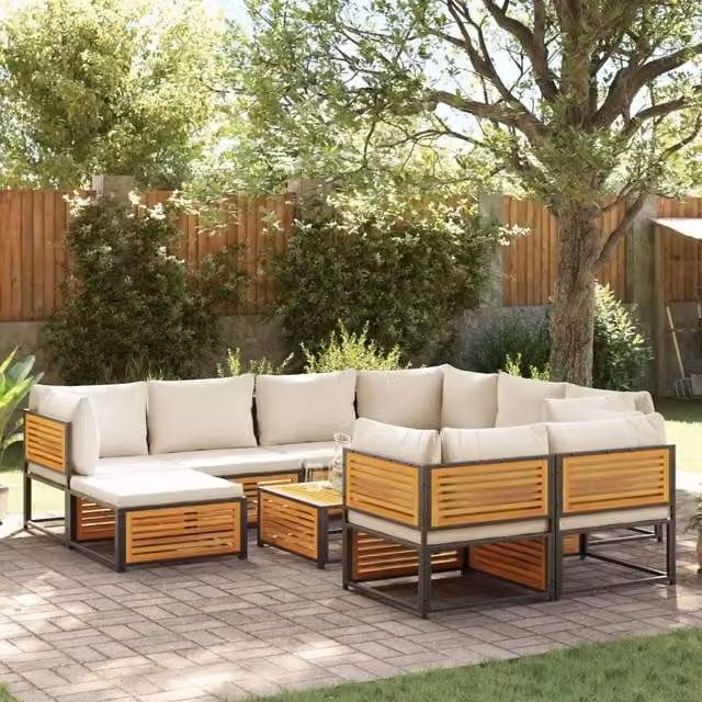 Set di Divani da Giardino a L vidaXL con Cuscini Beige e Bianco in Legno di Acacia e Acciaio