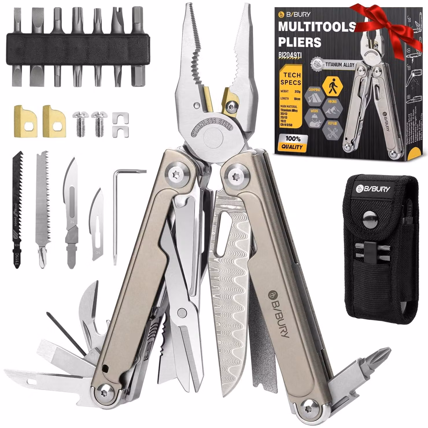 Multitool con pinze, forbici e sega intercambiabile, ideale per attività all'aperto