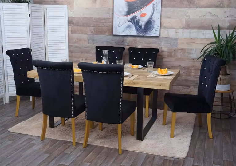 set di 6 sedie da pranzo HWC-D22, sedia da cucina, velluto borchiato ~ nero, gambe color oro
