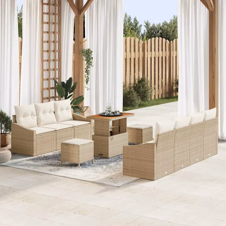 Set Divano da Giardino vidaXL 10 Pezzi Beige con Cuscini e Tavolino in Polyrattan e Acciaio