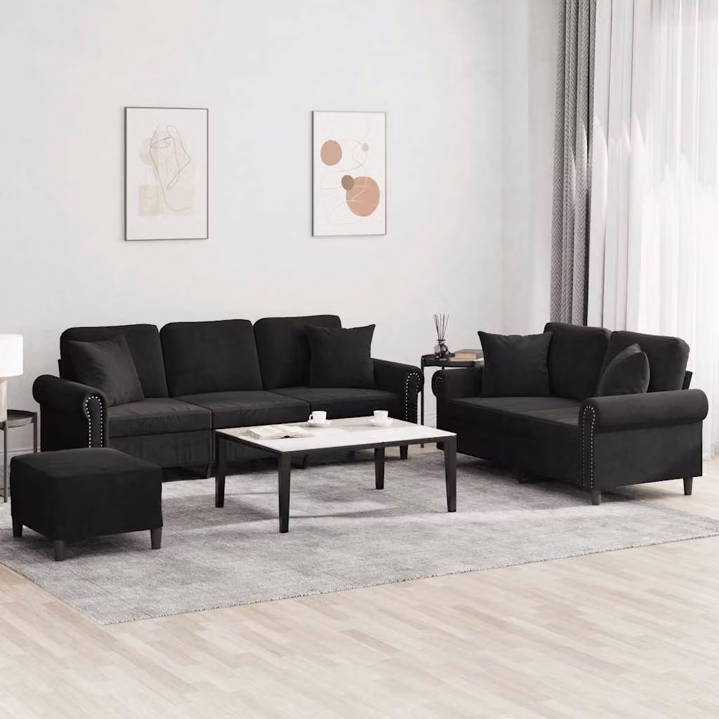 Set di divani vidaXL 3 pezzi in velluto nero con pouf e cuscini per soggiorno moderno – 1