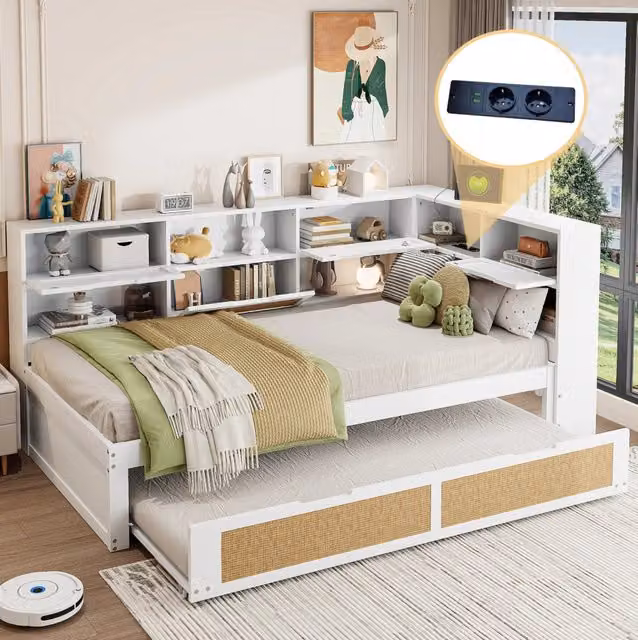 Divano letto singolo con letto estraibile 90x200 cm in legno bianco; prese USB e vani contenitore