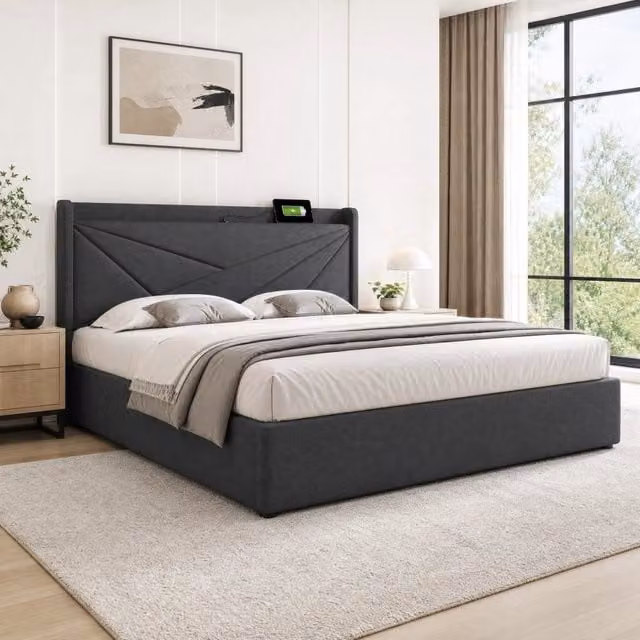 Letto matrimoniale ULEVR 180x200 cm con vano contenitore, testiera imbottita e porte USB e Type-C, grigio
