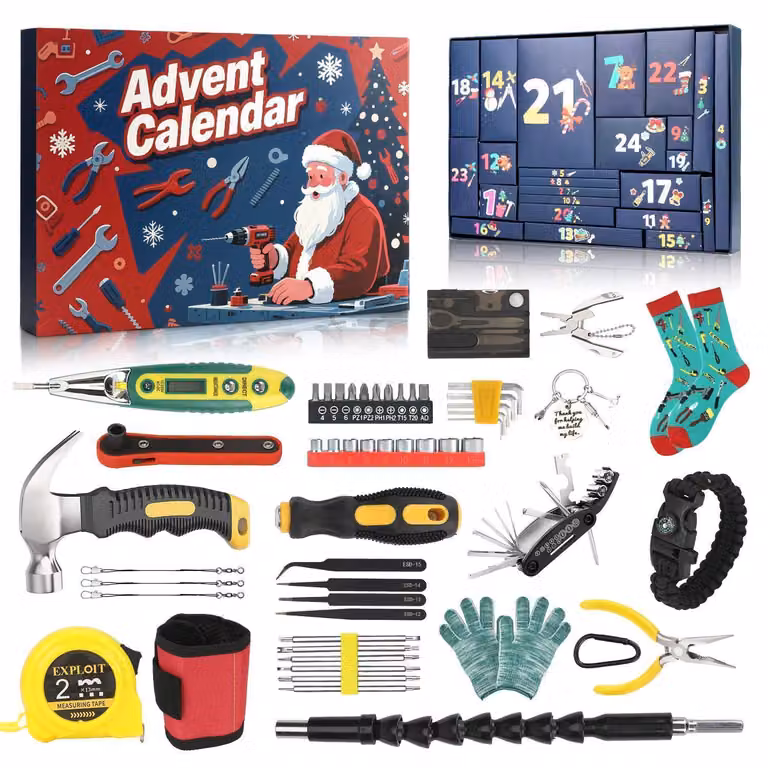 Calendario dell'Avvento per utensili da lavoro, confezione da 24 pezzi, con strumenti meccanici e articoli di sopravvivenza per attività all'aperto, campeggio e escursioni