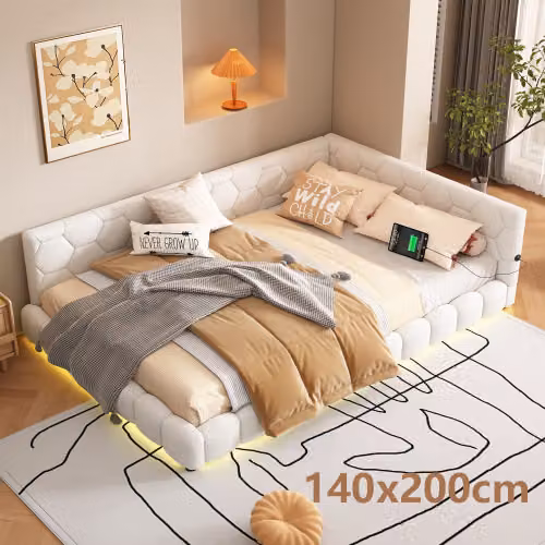 Divano letto AIORBER, 140x200cm, letto da giorno con rete a doghe (senza materasso), luce ambiente a 16 colori, connessione USB, Type-C, per appartamenti e camere per ospiti, bianco