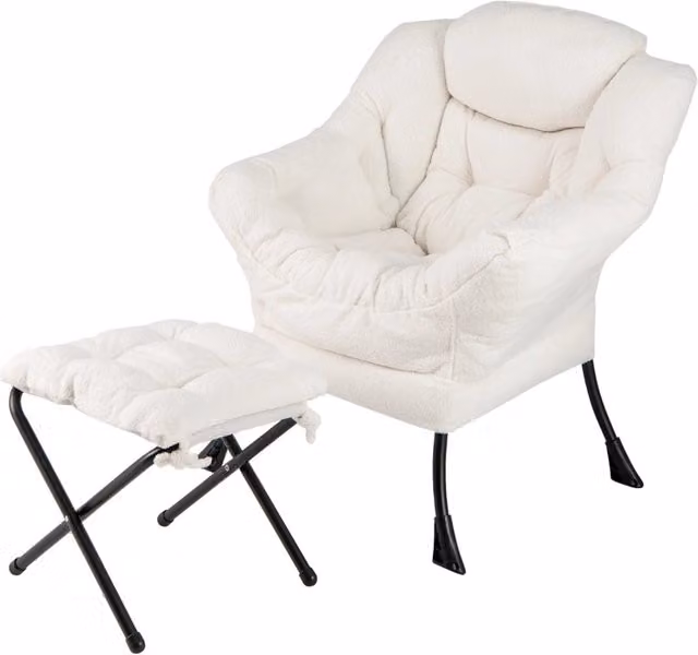 Poltrona relax reclinabile con poggiapiedi e braccioli, modello moderno in tessuto beige e struttura in metallo