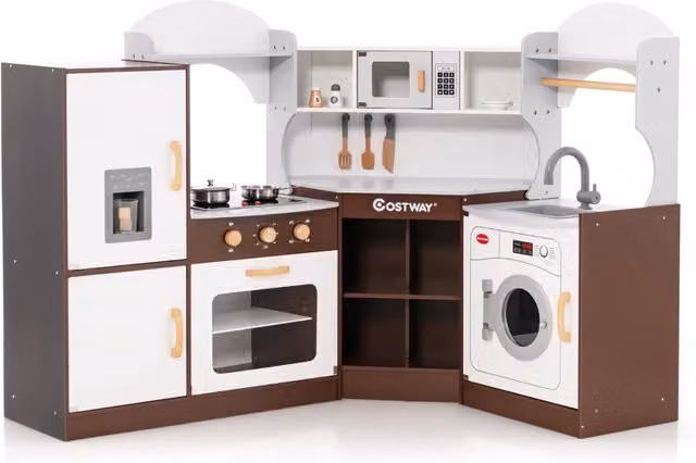 Cucinetta ad angolo Design Mania in legno e plastica per bambini, set giocattolo con microonde, forno, lavello e macchina del ghiaccio, marrone e bianco