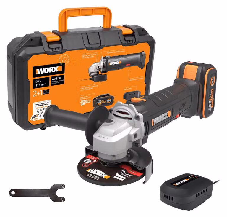 WORX WX808, smerigliatrice angolare a batteria da 20V, inclusa batteria e caricabatterie, tecnologia PowerShare