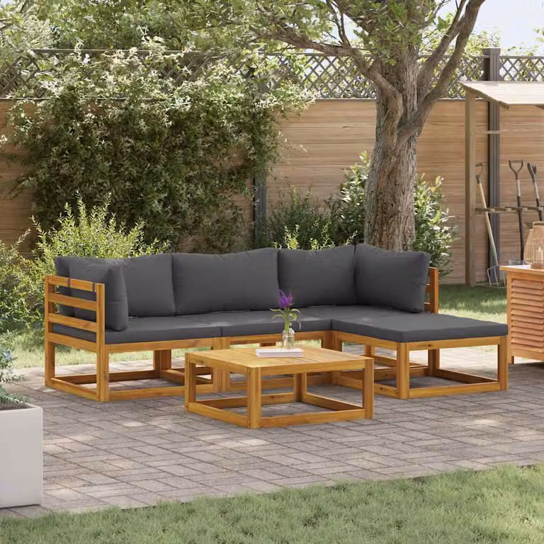 Set di Divani da Giardino vidaXL in Legno di Acacia con Cuscini, 5 Pezzi, Grigio e Marrone