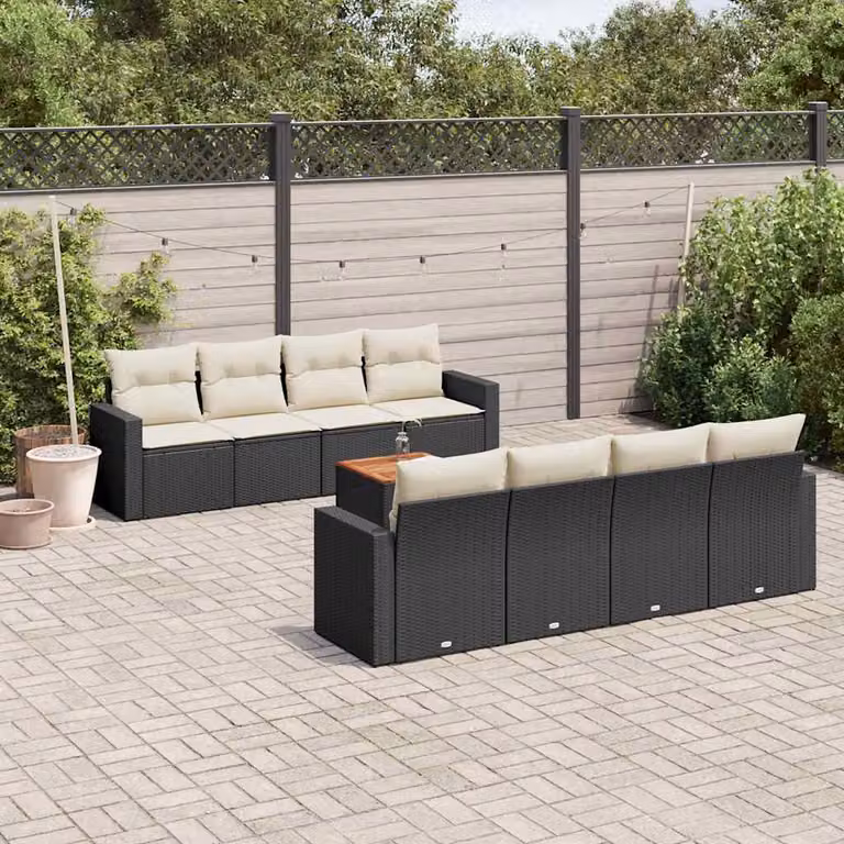 Set di divani da giardino vidaXL 9 pezzi con cuscini e tavolino da esterno in rattan e legno di acacia nero