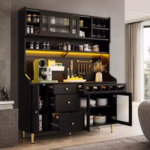 Mobile colonna da cucina Mivray nero con ante in vetro, illuminazione LED integrata e portabottiglie, L/P/H: 145 x 39 x 171 cm