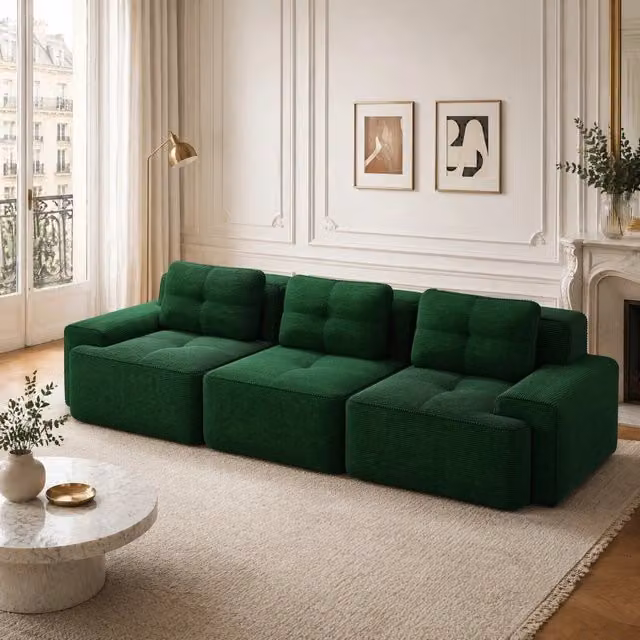 Divano modulare MIVRAY in velluto verde con seduta profonda e braccioli larghi L/P/H: 293 x 104 x 69 cm