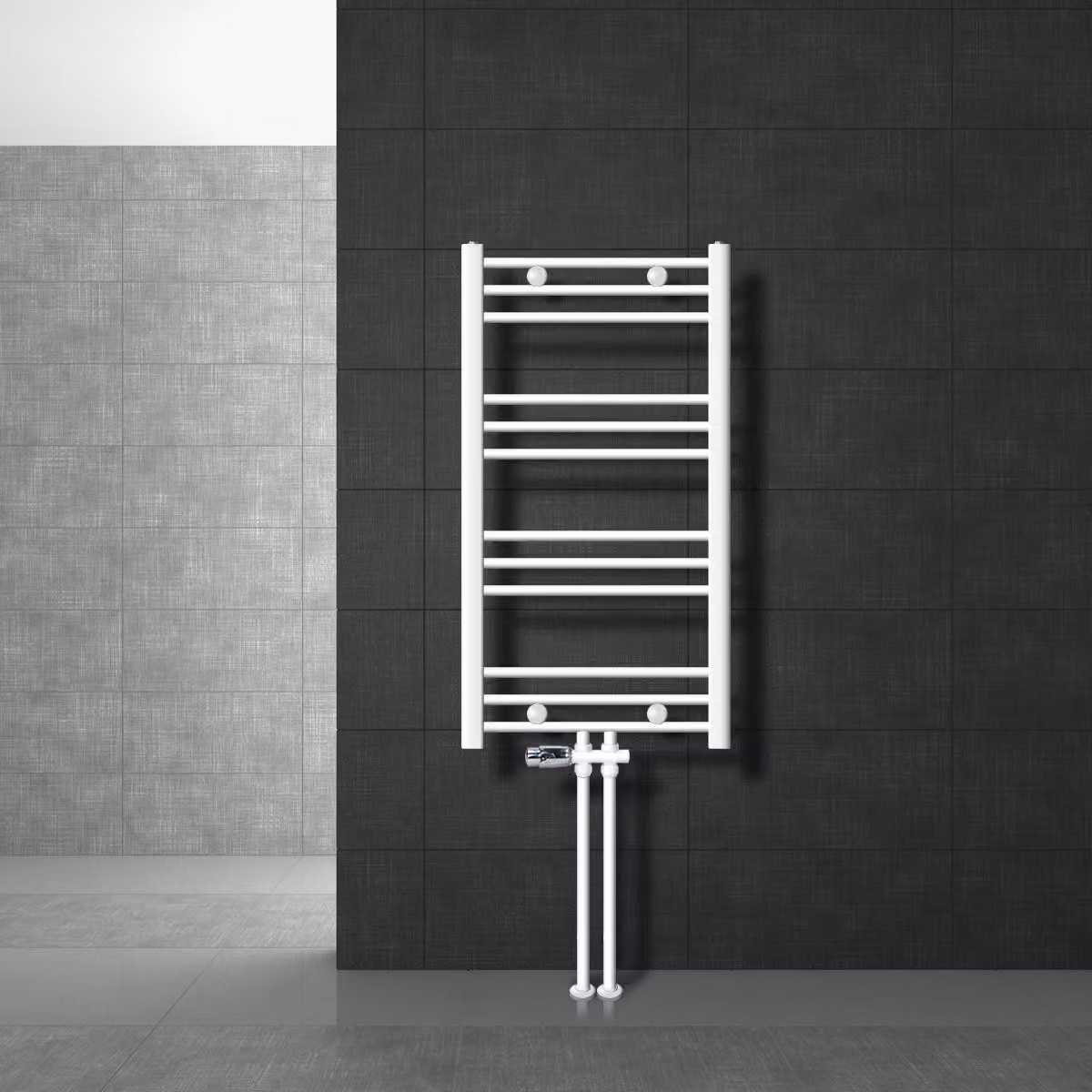 LuxeBath Radiatore da bagno attacco centrale 500 x 800 mm Bianco diritto con termostato e set di collegamento attraverso il pavimento Bianco - Radiatore, senza elemento riscaldante