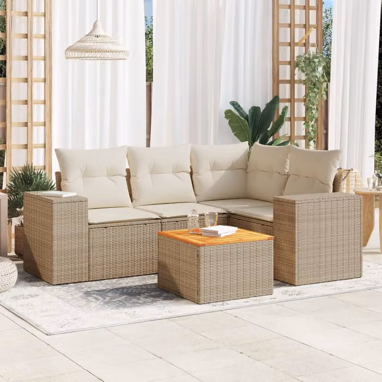 vidaXL Set Divano da Giardino a L 5 pz in Polyrattan con Cuscini Beige e Tavolino Moderno