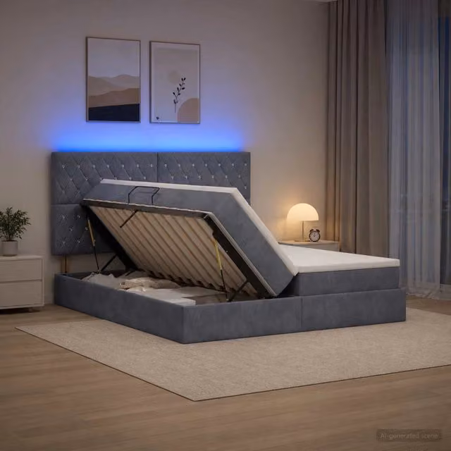 Letto con contenitore e materasso ibrido vidaXL in velluto grigio con illuminazione LED e porta USB L/P/H: 200 x 200 x 140 cm