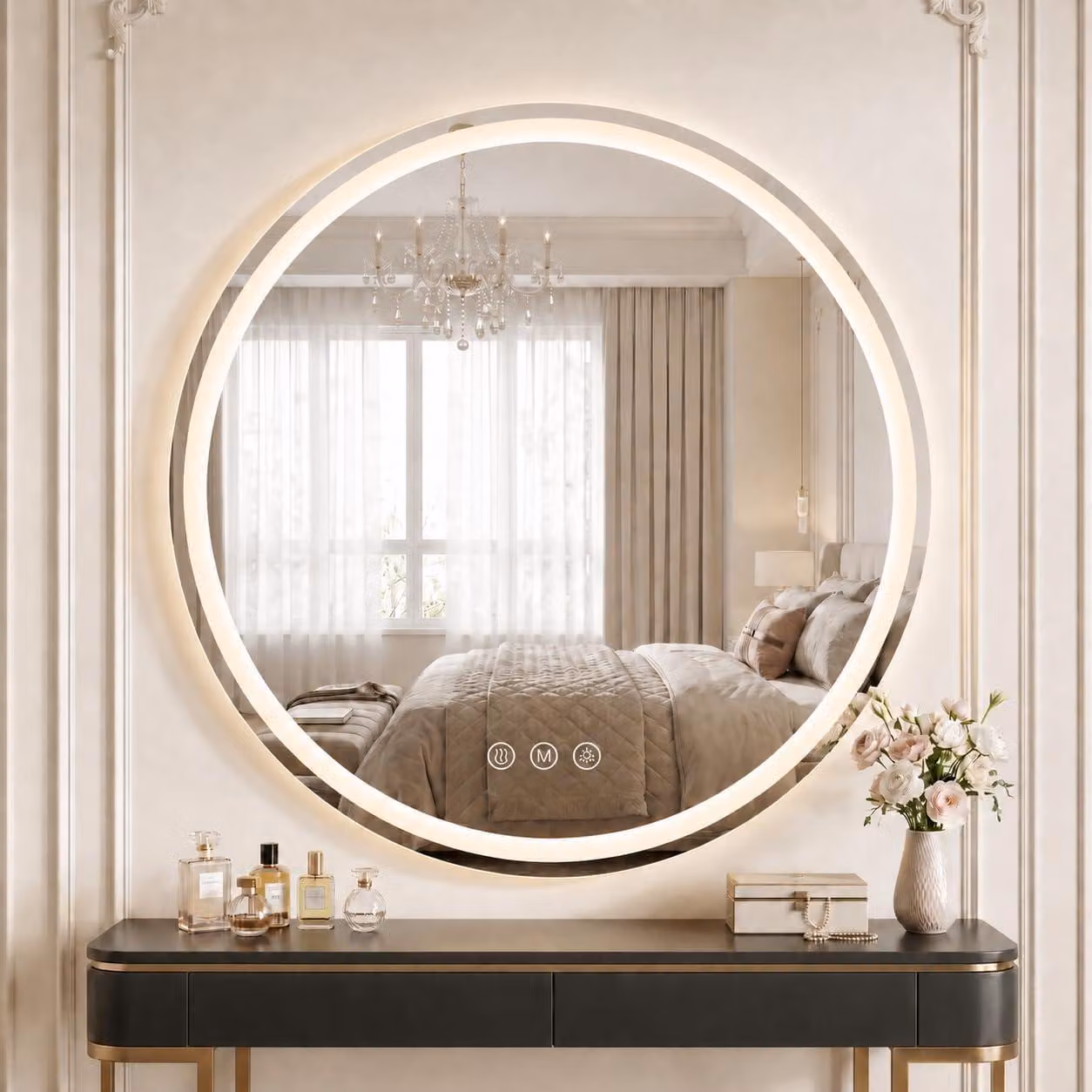 Specchio da bagno LED rotondo, diametro 76 cm, con funzione di regolazione dell'intensità luminosa e antigoccia