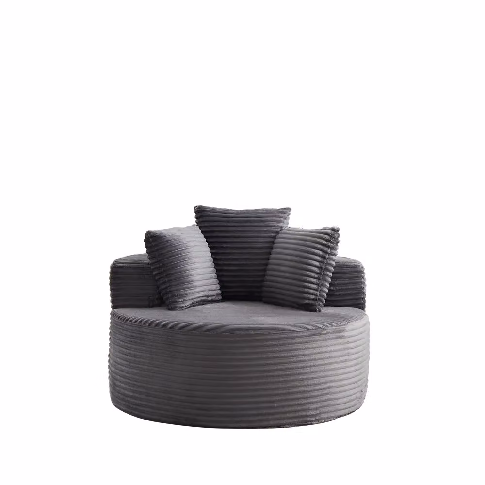 Poltrona singola rotonda Minimal grigia con braccioli e cuscini, design moderno in tessuto, Diametro: 110 cm – 2