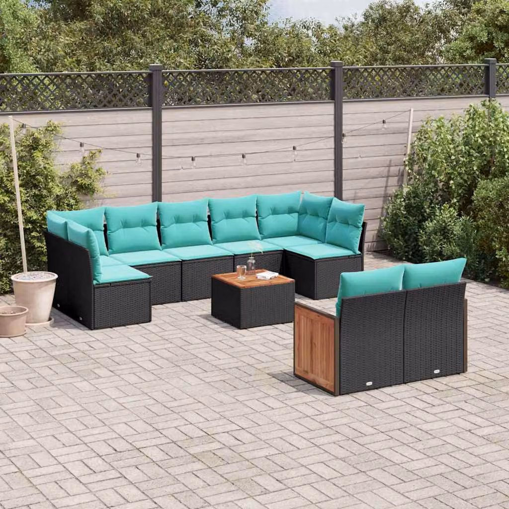 Set di divani da giardino vidaXL in polyrattan nero con cuscini e tavolino da esterno a forma di U