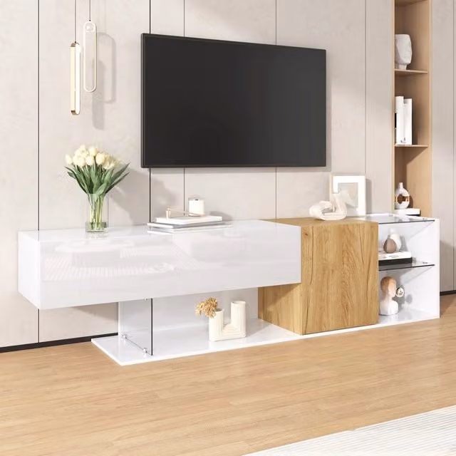 Mobile TV con Vetro e Legno Lucido ¨C Xylo ¨C Bianco, 180 cm