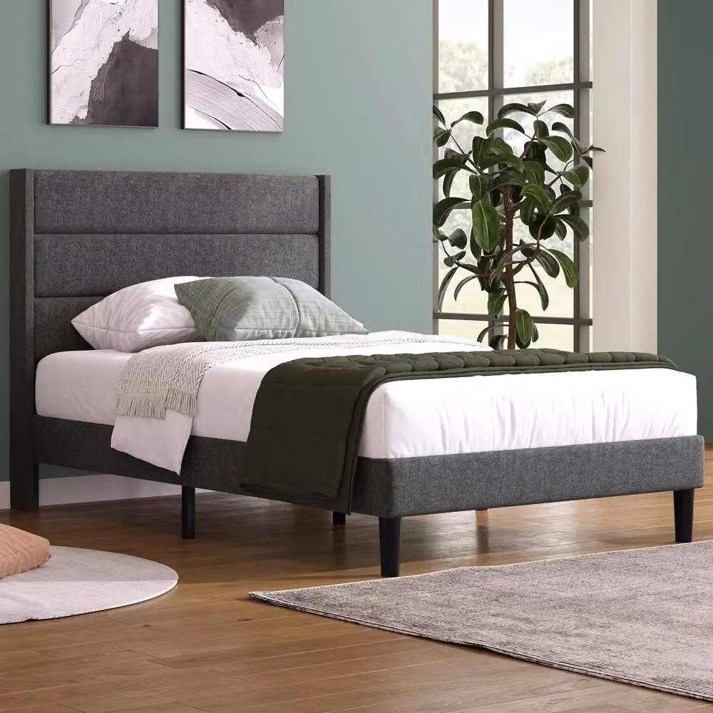 Letto Singolo Imbottito Minimal con Rete a Doghe in Legno Grigio L/P/H: 90 x 200 cm – 2