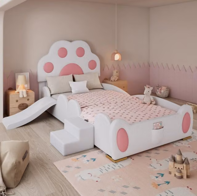 Letto singolo 90x200 cm bianco e rosa in PU con scivolo e scala