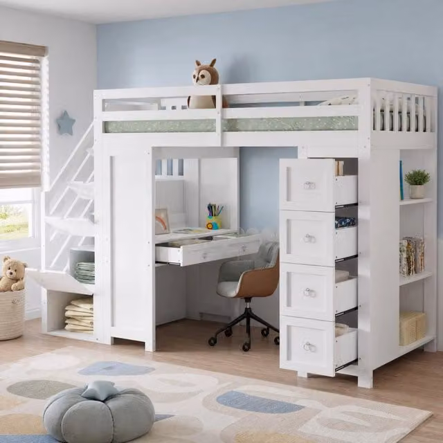Letto a soppalco ULEVR 90x200 cm bianco con scrivania, 6 cassetti, ripiani laterali e scala contenitore
