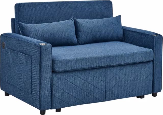 Divano letto 2 posti navy blue con sistema a scorrimento e ricarica USB