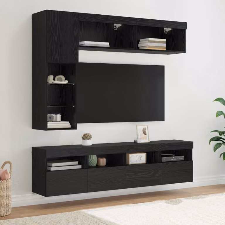 Mobile TV vidaXL moderno in legno Rovere e Nero con illuminazione LED e 7 scomparti, L: 102,0 cm, P: 30,0 cm, H: 41,73 cm