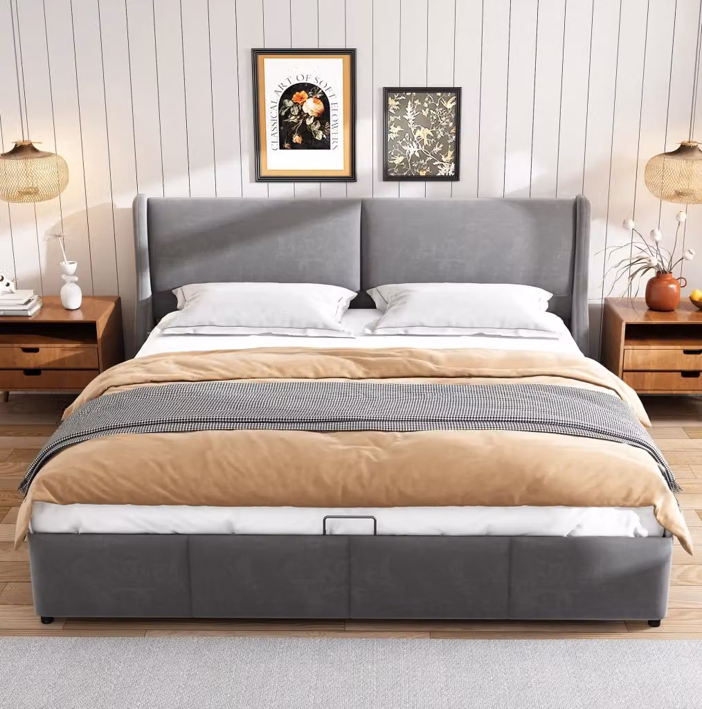 Letto matrimoniale imbottito in tessuto grigio con contenitore e base a sollevamento L/P/H: 180 x 200 x 30 cm – 2