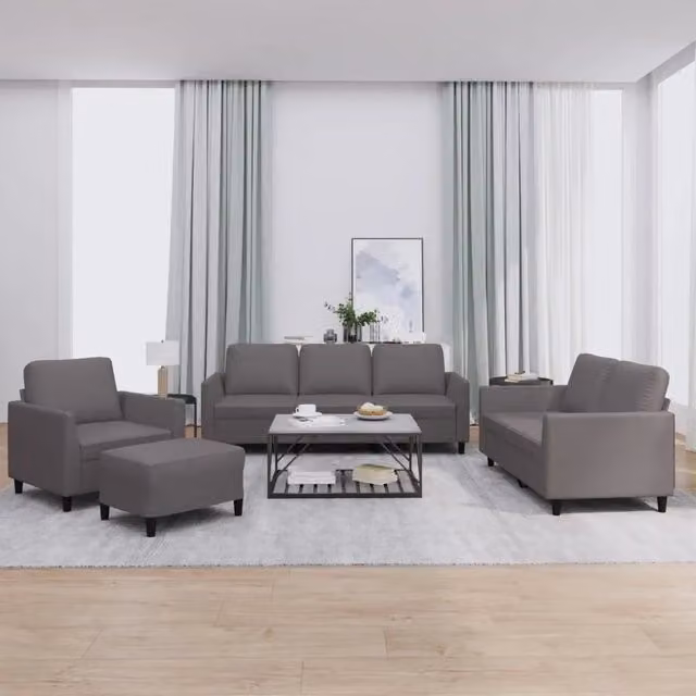 Set di divani moderno vidaXL in similpelle grigia composto da divano a 3 posti, divano a 2 posti, pouf e cuscini per il tuo soggiorno