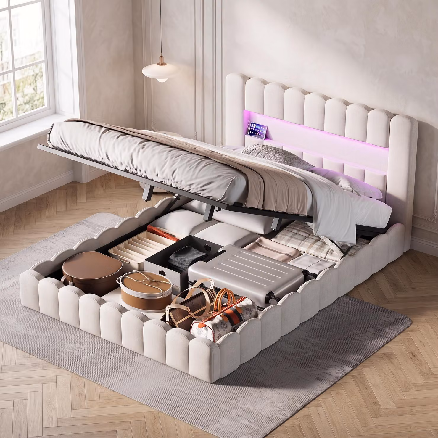 Letto imbottito INONEFT 180x200, letto matrimoniale modello "bubble" con LED e funzione di ricarica USB, testiera imbottita, letto con box e meccanismo a sollevamento idraulico, colore: lino, beige