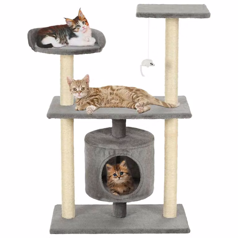 Albero per gatti vidaXL con tiragraffi in sisal, cave e giocattoli integrati, Grigio, Altezza: 95 cm