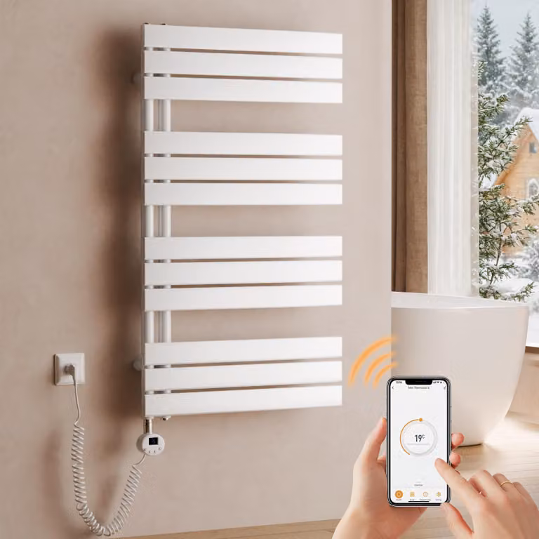 Asciugabiancheria elettrico da parete, dimensioni 1041 x 600 mm, 600 W, bianco, radiatore per bagno con termostato, Wi-Fi, timer programmabile e display LCD – S'AFIELINA