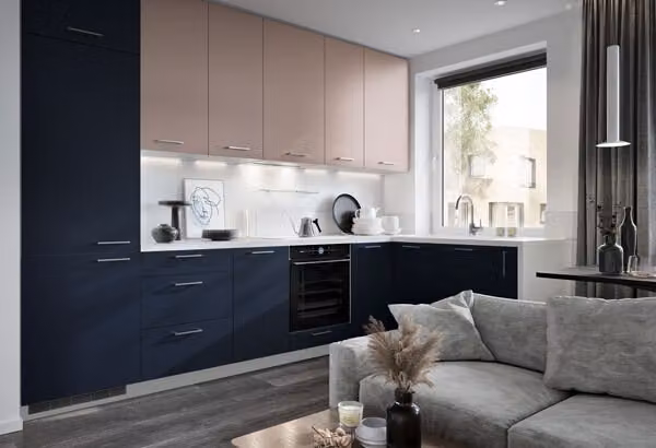 Mobile cucina a L "Bonn" cucina abitabile 335x155cm completamente allungabile fronte grigio rame rosé - blu navy opaco